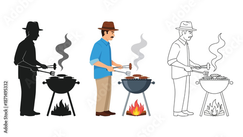 Man with hat expertly grilling sausages and burgers over hot charcoal fire illustrations set