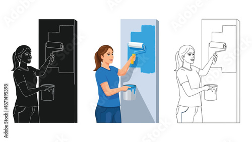 Woman applying bright blue paint to a wall using a roller in three different artistic styles