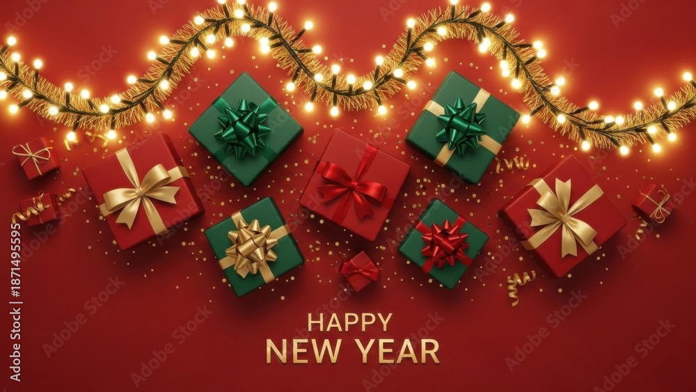 Fototapeta premium Festive New Year celebration with glowing lights and gifts