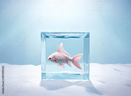 Surrealist scene with a fluffy pink fish seemingly suspended in a clear, square container, which is itself resting on a snowy or icy surface.