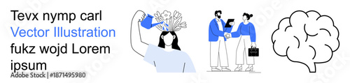 Personal growth, teamwork, mental health, creativity, professional development, communication. A person watering plants from their head, professionals shaking hands a brain sketch. Personal growth