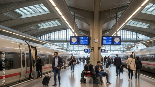 Commuters at a busy train station platform.