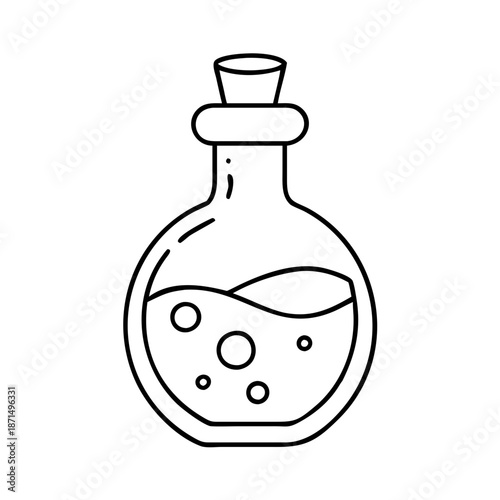 Outline illustration of a mystical potion bottle with bubbling liquid and a cork stopper Vector