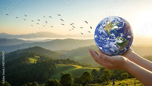 A conceptual shot of hands holding a realistic globe over a lush green landscape at sunrise.