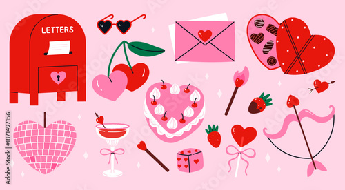 Cute Valentine’s Day set with romantic love elements. Includes heart-shaped cake, cherries, love letter envelope. Perfect for Valentine’s Day designs, planners, stickers. Flat vector illustration