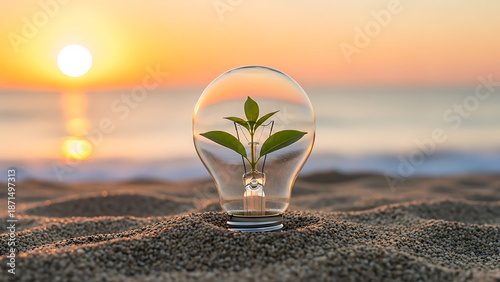 A small green plant growing inside a lightbulb sitting on a sandy beach during a golden sunset.