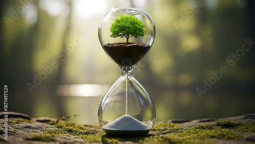 Hourglass with plants on a natural island in a serene lake
