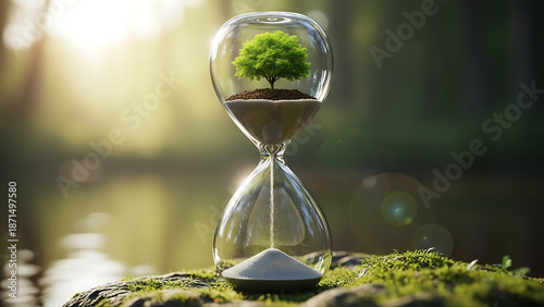 Hourglass with plants on a natural island in a serene lake
