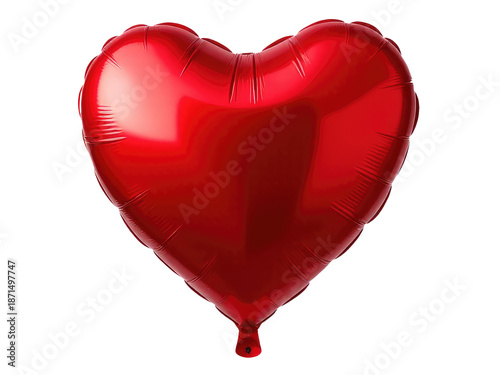 A single red heart-shaped balloon floating on a plain white background