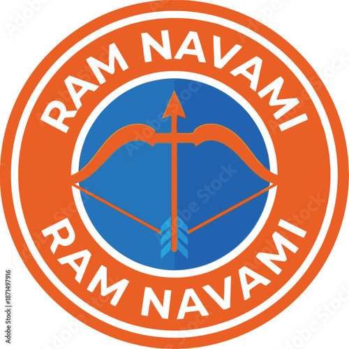 Round orange badge with white Ram Navami text and blue bow and arrow symbol for Indian hindu festival celebration or religious spiritual holiday card design element isolated object.