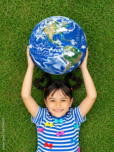 A top-down shot of a young girl with heart-shaped hair lying on grass and holding up a globe.