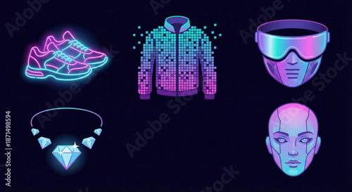 A curated set of neon-infused digital wearables, representing future trends in virtual reality and online identity in a simulated world