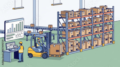 Workers efficiently managing warehouse operations with forklift and inventory system