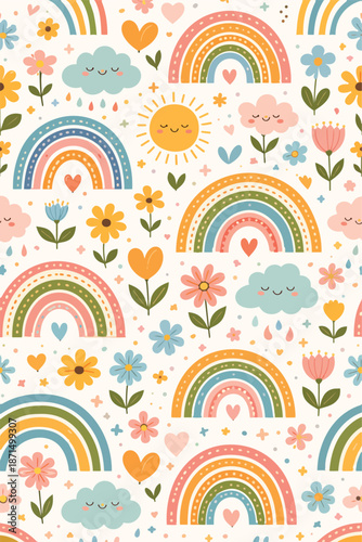 Rainbow Cute Happy Joyful illustration Children Spring Flowers Rain Clouds Showers April Sunny Rainbows Vector Print Design
