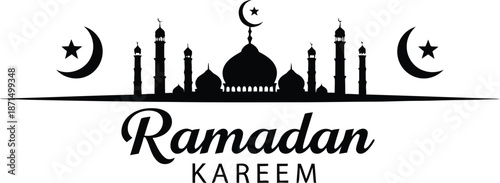 Ramadan kareem greeting with mosque silhouette and crescent moons