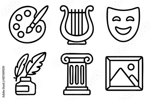 Art and culture doodle outline icons set, creative tools and theater symbols, black and white hand drawn line art illustration