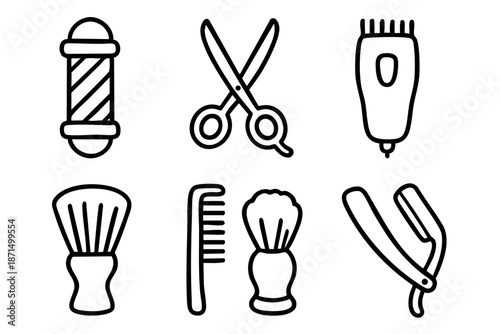 Barber and hair salon doodle outline icons set, grooming tools and haircut equipment, black and white hand drawn line art illustration
