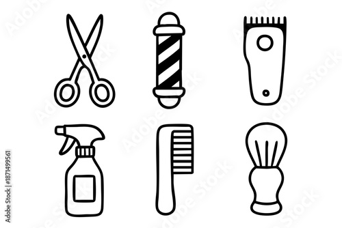 Barber and hair salon doodle outline icons set, grooming tools and haircut equipment, black and white hand drawn line art illustration