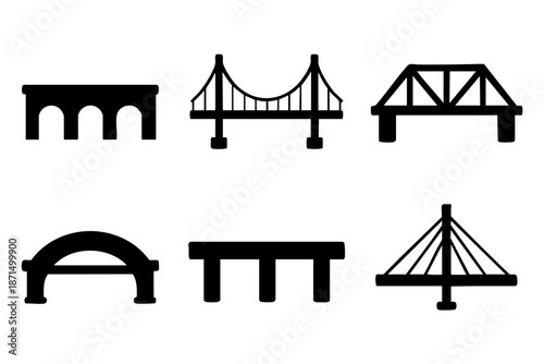 Different bridge silhouette icons set, urban architecture and infrastructure symbols, black and white minimal vector illustration