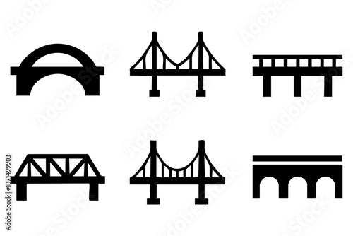 Different bridge silhouette icons set, urban architecture and infrastructure symbols, black and white minimal vector illustration