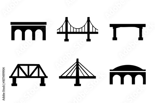Different bridge silhouette icons set, urban architecture and infrastructure symbols, black and white minimal vector illustration