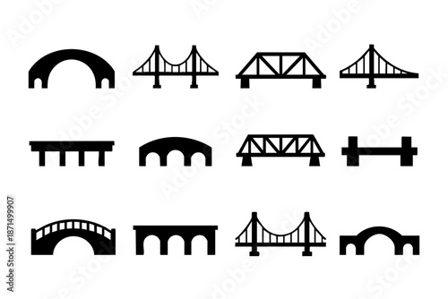 Different bridge silhouette icons set, urban architecture and infrastructure symbols, black and white minimal vector illustration