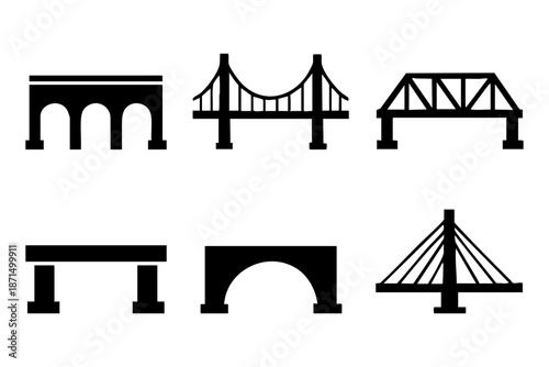Different bridge silhouette icons set, urban architecture and infrastructure symbols, black and white minimal vector illustration