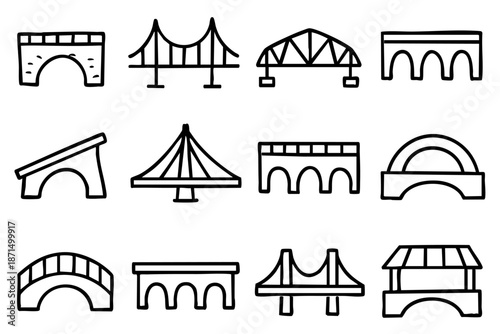 Different bridge doodle outline icons set, hand drawn architecture and urban infrastructure symbols, black and white line art illustration