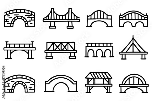 Different bridge doodle outline icons set, hand drawn architecture and urban infrastructure symbols, black and white line art illustration