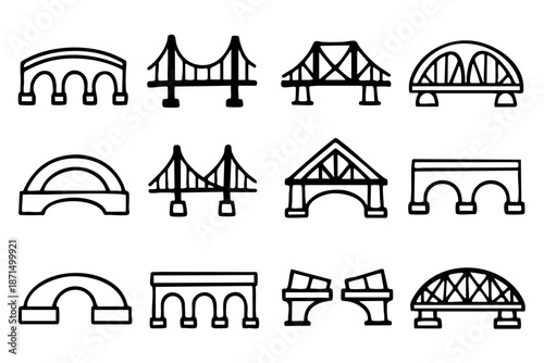 Different bridge doodle outline icons set, hand drawn architecture and urban infrastructure symbols, black and white line art illustration