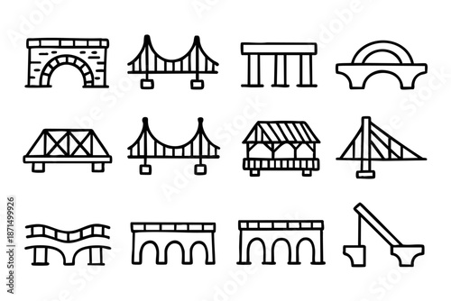 Different bridge doodle outline icons set, hand drawn architecture and urban infrastructure symbols, black and white line art illustration