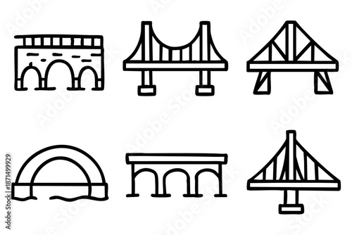 Different bridge doodle outline icons set, hand drawn architecture and urban infrastructure symbols, black and white line art illustration