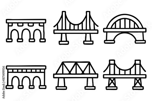 Different bridge doodle outline icons set, hand drawn architecture and urban infrastructure symbols, black and white line art illustration