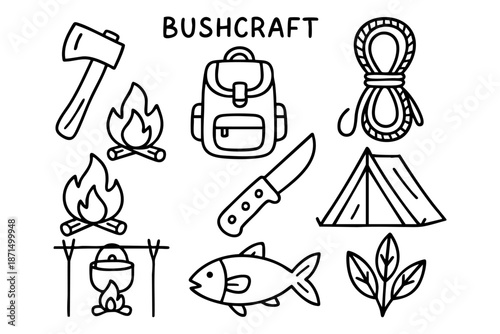 bushcraft and camping doodle outline icons set, outdoor survival tools and wilderness elements, black and white hand drawn line art illustration