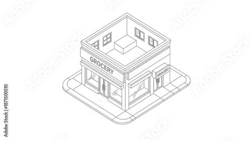 3D wireframe grocery store building architecture model.