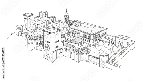 Black and white architectural sketch of medieval castle.