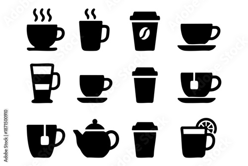 Coffee and tea silhouette icons set, hot drinks and cafe beverage symbols, black and white minimal vector illustration