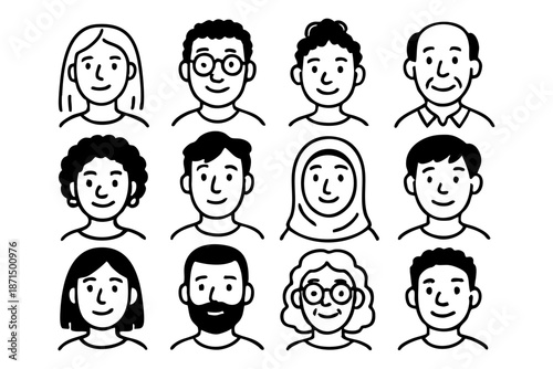 Diverse faces and people avatars doodle icon set in black and white outline style