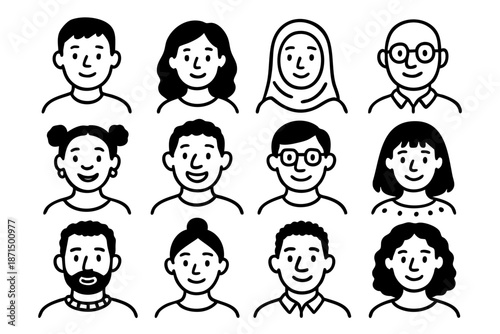 Diverse faces and people avatars doodle icon set in black and white outline style