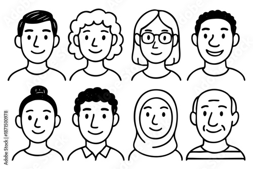 Diverse faces and people avatars doodle icon set in black and white outline style