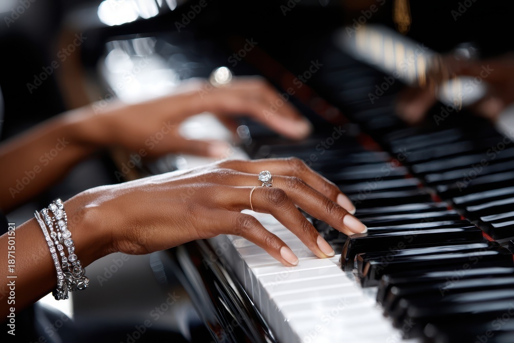 Obraz premium Elegant hands playing a grand piano in a softly lit room during a music practice session