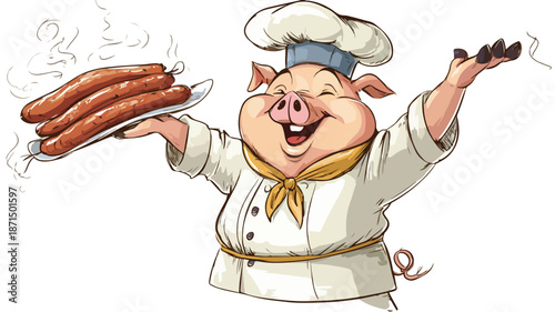 Funny Chef Pig Cartoon Holding Sausage Vector with Outline