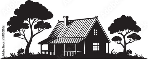 Black silhouette of a house with trees roof