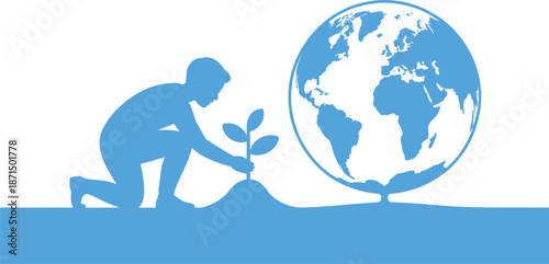Blue silhouette of a man planting a sapling next to a globe
