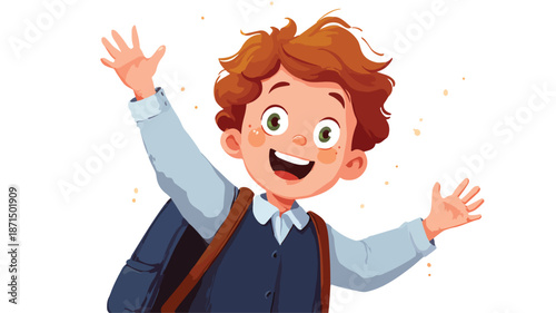 Cheerful schoolboy waving in cartoon style on white background vector illustration