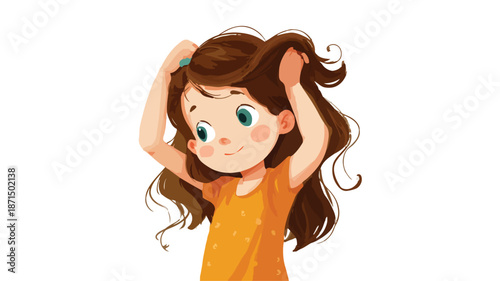Little Girl Combing Hair Vector Illustration Isolated on White Background