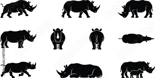 Comprehensive collection of rhinoceros silhouettes featuring various poses like running standing grazing and mother with calf for safari and wildlife nature designs.