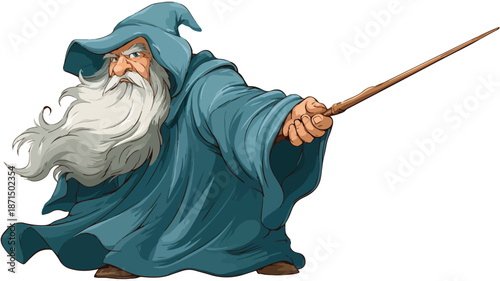 Old Wizard Cartoon Holding Wand Vector Illustration Isolated