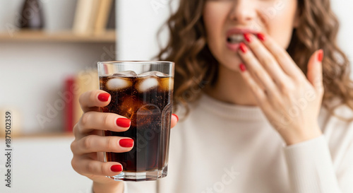 Woman Experiencing Tooth Sensitivity After Drinking Cold Soda – Lifestyle Health Photo of Dental Pain in Modern Home Setting