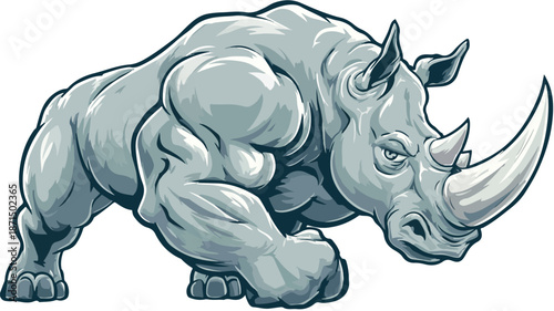 Cartoon Muscle Rhino with Outline on White Background Vector Illustration